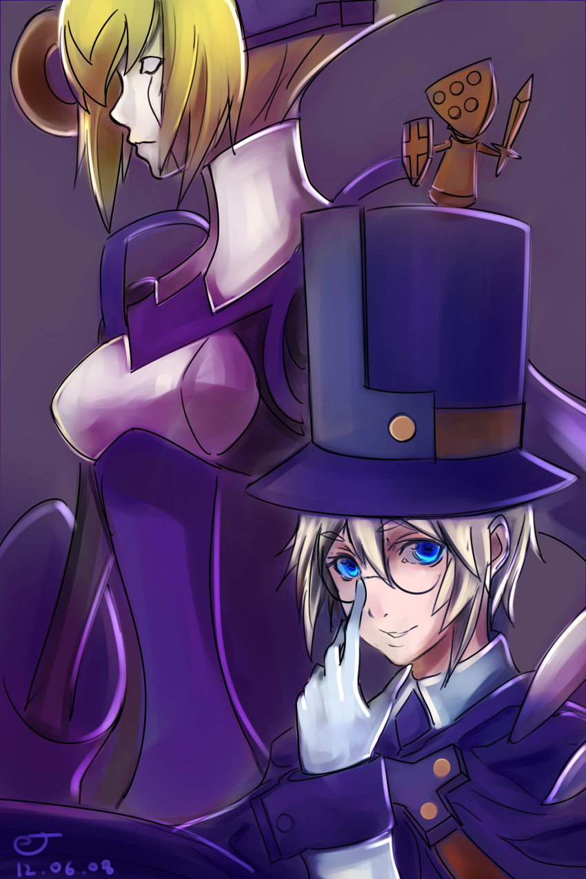 1boy absurdres adjusting_eyewear android armor blazblue blonde_hair blue_eyes breastplate carl_clover commentary_request early_type female glasses gloves hat height_difference highres nirvana_(blazblue) short_hair top_hat white_gloves