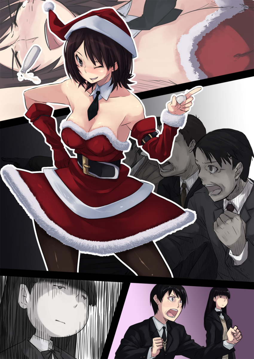 2girls 4boys alcohol amagami ayatsuji_tsukasa bad_id bad_pixiv_id bare_shoulders black_hair blazer breasts brown_hair christmas cleavage detached_collar detached_sleeves dress gaijin_4koma_(meme) hat highres jacket jitome long_hair medium_breasts meme multiple_boys multiple_girls one_eye_closed pantyhose photoshop_(medium) sake santa_costume santa_hat short_hair tachibana_jun'ichi takahashi_maya wiori_(mashiro_miracle)