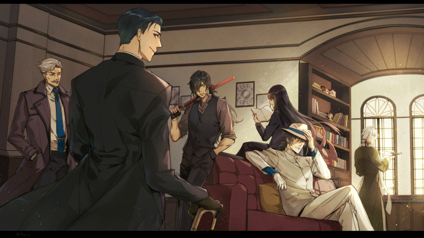 black_hair book couch edmond_dantes fate/grand_order fate_(series) gloves gray_eyes gray_hair group hat hermithessa james_moriarty_(fate) katana long_hair male okada_izou_(fate) orange_eyes oryou_(fate) ponytail red_eyes sakamoto_ryouma sherlock_holmes_(fate) short_hair signed smoking suit sword tie weapon