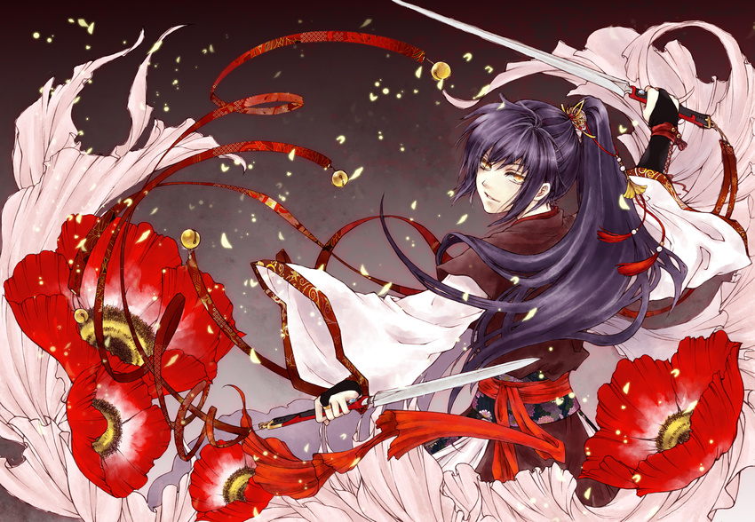 bell flowers gloves long_hair mamusya original ponytail purple_hair ribbons sword weapon yellow_eyes