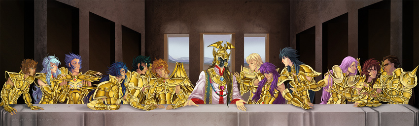 6+boys aquarius_camus aries_muu aries_shion armor blatterbury blonde_hair blue_hair brown_hair cancer_death_mask capricorn_shura commentary english_commentary female fine_art_parody gemini_saga gold_armor gold_saint green_hair heiligershadowfax highres leo_aiolia libra_douko long_hair long_table looking_at_another mask multiple_boys parody photoshop_(medium) pisces_aphrodite purple_hair sagittarius_aioros saint_seiya scorpio_milo table taurus_aldebaran the_last_supper virgo_shaka wings zodiac