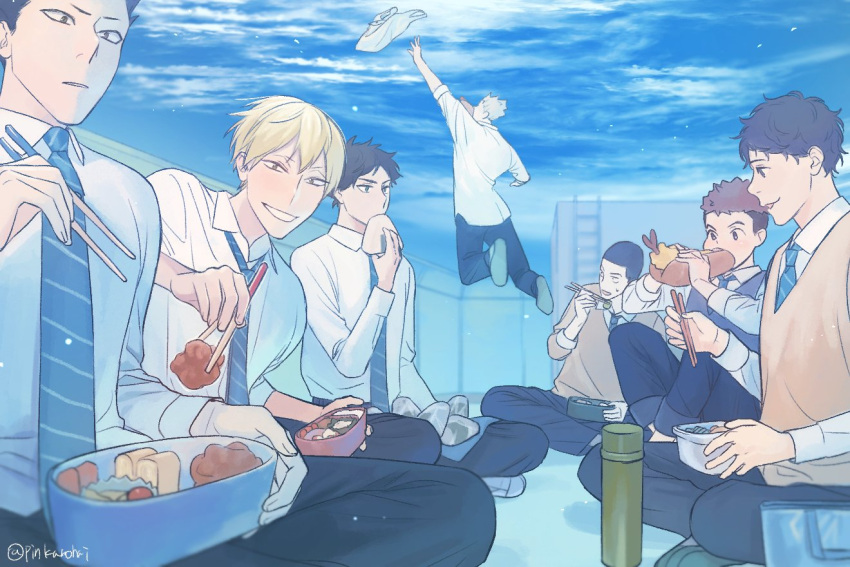 6+boys akaashi_keiji bag bento black_hair blonde_hair blue_eyes bokuto_koutarou chopsticks commentary_request eating food haikyuu!! holding holding_chopsticks holding_food jumping komi_haruki konoha_akinori long_sleeves looking_at_another male_focus multiple_boys necktie onaga_wataru onigiri pants parted_lips pinkurohai plastic_bag rooftop sarukui_yamato school_uniform shirt short_hair sitting sky smile sweatdrop twitter_username vest washio_tatsuki