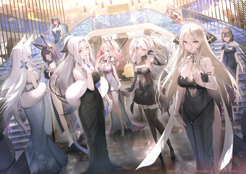 6+girls :d absurdres ahoge alternate_costume animal_ear_fluff animal_ears antenna_hair armlet asymmetrical_clothes asymmetrical_dress azur_lane baltimore_(azur_lane) baltimore_(evening_breeze_minuet)_(azur_lane) bare_shoulders bird black_dress black_gloves black_hair black_thighhighs blonde_hair blue_cape bluecher_(azur_lane) blunt_bangs bracelet braid breasts bremerton_(azur_lane) brown_hair brown_thighhighs cape center_opening champagne_flute chick cleavage closed_mouth collarbone commentary_request cup dress drinking_glass elbow_gloves evening_gown facial_mark feather_boa forehead fox_ears fox_girl french_braid full_body fur_trim glint gloves grey_dress grey_hair hair_between_eyes hair_intakes hair_ornament hand_up high_heels highres holding holding_cup implacable_(azur_lane) indoors jewelry large_breasts long_bangs long_hair looking_at_viewer manjuu_(azur_lane) mole mole_on_breast mole_under_eye multicolored_hair multiple_girls musashi_(azur_lane) oerba_yun_fang official_alternate_costume official_art one_eye_closed open_mouth parted_bangs pelvic_curtain pink_eyes pink_hair ponytail prinz_eugen_(azur_lane) prinz_eugen_(kindred_evening_spirits)_(azur_lane) red_dress red_eyes sapysha shinano_(azur_lane) shinano_(dreams_of_the_hazy_moon)_(azur_lane) short_hair side_cape side_slit sideless_outfit sidelocks single_bare_shoulder skin_fang smile sparkle stairs standing streaked_hair striped_cape swept_bangs thighhighs ting_an_(azur_lane) tongue tongue_out twintails two-tone_cape two-tone_hair two_side_up very_long_hair whisker_markings white_gloves white_hair x_hair_ornament yellow_eyes yorktown_(azur_lane) yorktown_(evening_i_can't_remember)_(azur_lane)