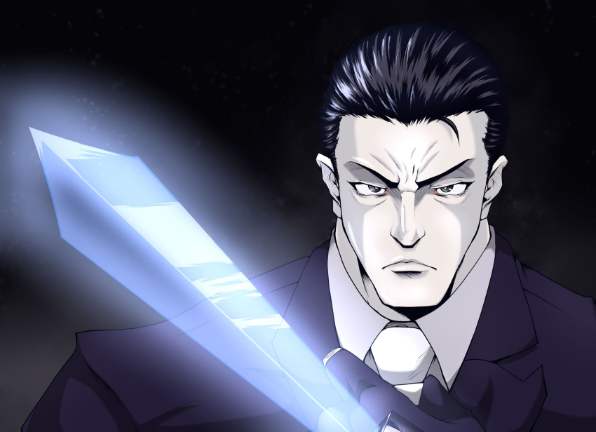 1boy akira_(vanquish_the_ghost) black_background black_hair dance_dance_revolution frown hair_slicked_back highres looking_at_viewer male_focus necktie pale_skin serious simple_background solo sword ten160_(wildxsteve) upper_body weapon white_necktie