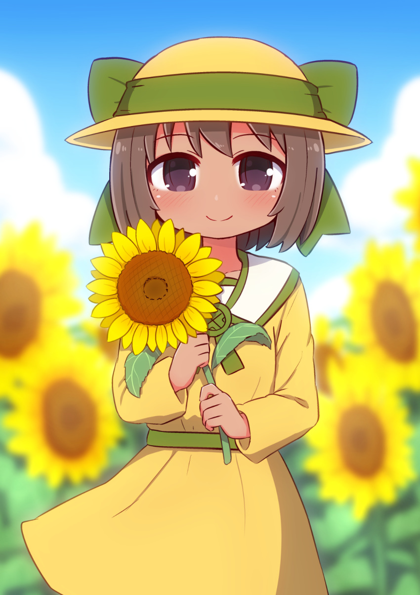 blue_sky blurry blurry_background blush bow brown_dress brown_eyes brown_hair brown_hat closed_mouth cloud commentary_request dark-skinned_female dark_skin day depth_of_field dress female field flower flower_field green_bow hat hat_bow highres holding holding_flower long_sleeves naga_u outdoors razzy short_hair sky smile solo summon_night summon_night:_swordcraft_story sun_hat sunflower sunflower_field yellow_flower