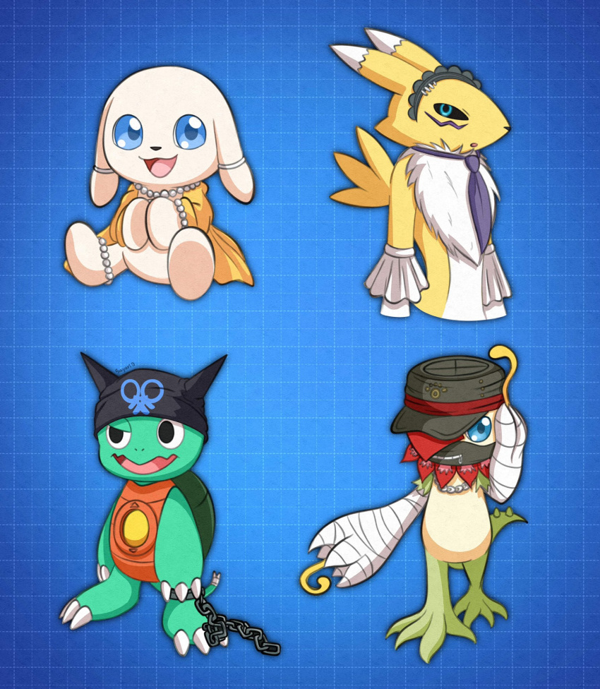 angie_yonaga anthro anthrofied bandai_namco chains clothing cosplay danganronpa danganronpa_v3 digimon digimon_(species) elemental_creature female flora_fauna floramon fur group hat headgear headwear hi_res kamemon kirumi_tojo korekiyo_shinguji liliana86973943 maid_headdress male mask plant renamon reptile ryoma_hoshi salamon scalie shell spike_chunsoft turtle yellow_body yellow_fur