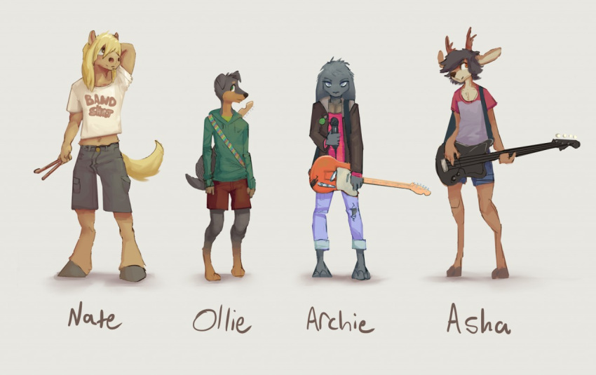 2019 anthro bass_guitar black_hair blonde_hair blue_bottomwear blue_clothing blue_shorts bottomwear brown_body brown_bottomwear brown_clothing brown_eyes brown_fur brown_shorts canid canine canis clothed clothing deer dobermann domestic_dog drumming_stick electronics english_text equid equine fur green_clothing green_eyes green_hoodie green_topwear grey_body grey_bottomwear grey_clothing grey_eyes grey_fur grey_shorts group guitar hair hand_behind_head hoodie horn horse lagomorph leporid male mammal microphone multicolored_clothing musical_instrument orange_eyes pants percussion_mallet pin_(disambiguation) pink_clothing pink_shirt pink_topwear pinscher plucked_string_instrument rabbit shirt shorts simple_background string_instrument tan_body tan_fur text text_on_clothing text_on_shirt text_on_t-shirt text_on_topwear topwear twang white_background