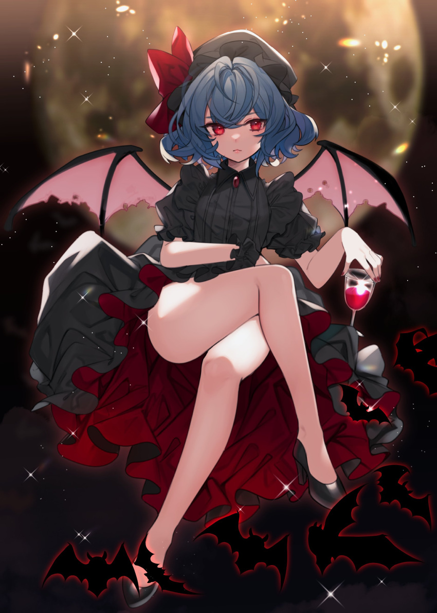 absurdres alternate_color alternate_costume bat_(animal) bat_wings black_dress black_footwear black_hat blue_hair brooch commentary crossed_legs cup daimaou_ruaeru dress drinking_glass english_commentary female full_body full_moon grey_background hat hat_ribbon high_heels highres holding holding_cup invisible_chair jewelry mob_cap moon pumps red_eyes red_nails red_ribbon remilia_scarlet ribbon short_hair short_sleeves single_wrist_cuff sitting solo sparkle touhou two-sided_fabric two-sided_skirt wine_glass wings wrist_cuffs