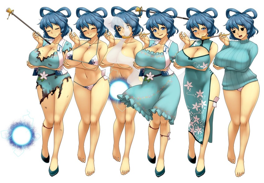 aqua_dress barefoot belt bikini black_footwear blue_eyes blue_footwear blue_hair blush breasts burnt_clothes china_dress chinese_clothes cleavage closed_eyes closed_mouth collared_vest commentary_request covered_navel d.koutya dress flower frills hagoromo hair_ornament hair_rings holding huge_breasts jewelry kaku_seiga kiseru leg_ribbon light_blue_hair medium_breasts medium_hair mole mole_under_eye multiple_persona navel nude ofuda open_clothes open_mouth open_vest parted_lips petticoat puffy_short_sleeves puffy_sleeves ribbon shawl short_sleeves smile smoke smoking_pipe split_mouth sweater swimsuit touhou vest white_background