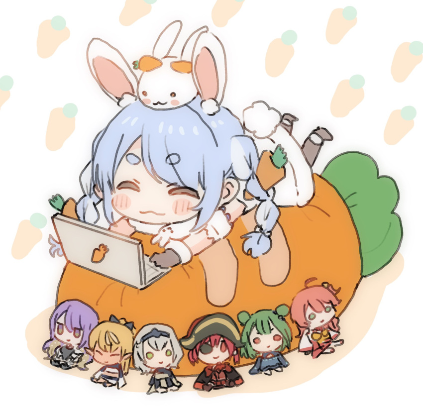 animal_ears black_gloves blue_hair blush_stickers braid carrot_hair_ornament character_doll closed_eyes computer female food-themed_hair_ornament gloves hair_ornament highres hololive hololive_indonesia houshou_marine laptop long_hair moona_hoshinova pekomon_(usada_pekora) rabbit rabbit_ears rabbit_girl rabbit_tail sakura_miko shiranui_flare shirogane_noel smile solo tail taneda_yuuta twin_braids twintails uruha_rushia usada_pekora usada_pekora_(1st_costume) virtual_youtuber