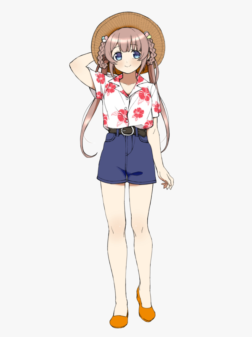 amaryllis_gumi arm_at_side arm_behind_head arm_up belt black_belt blue_eyes blue_shorts braid braided_hair_rings brown_hair brown_hat buttons closed_mouth female floral_print full_body hair_rings hat hawaiian_shirt hibiscus_print high-waist_shorts highres long_hair okunin orange_footwear pocket shirt shoes shorts simple_background smile solo straw_hat twintails very_long_hair virtual_youtuber white_background white_shirt yoshimochi_moni