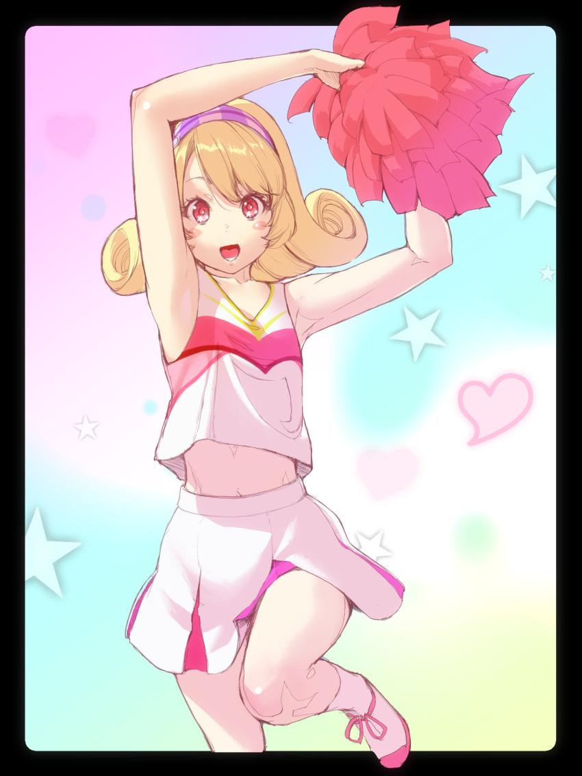 :d arms_up bare_arms bare_shoulders breasts cheerleader cleavage collarbone commentary_request curly_hair female hairband heart highres hinata_yume holding holding_pom_poms leg_up looking_at_viewer mak_neutral medium_hair mewkledreamy miniskirt multicolored_background pink_eyes pink_pupils pom_pom_(cheerleading) purple_hairband skirt smile solo star_(symbol) swept_bangs tank_top teeth