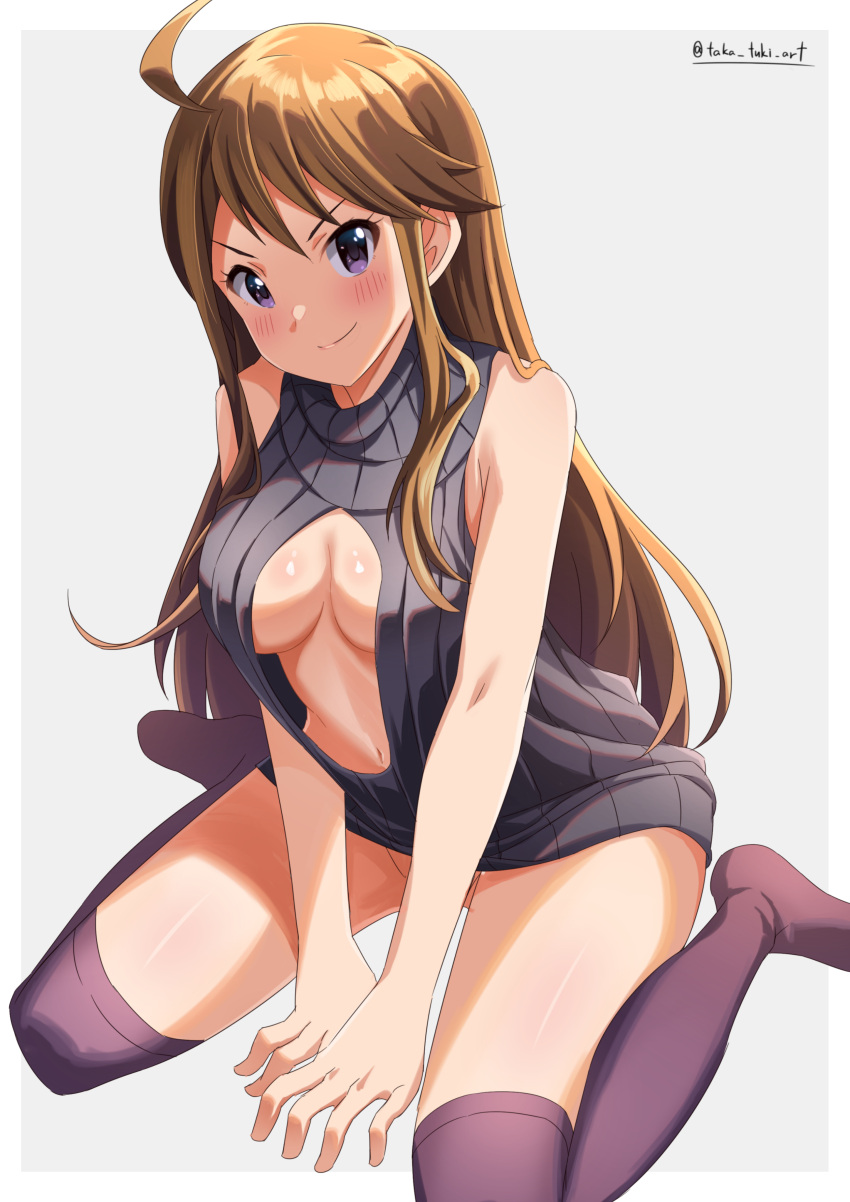 >:) absurdres ahoge blue_eyes breasts brown_hair cleavage_cutout clothing_cutout dress female grey_background grey_sweater highres idolmaster idolmaster_million_live! long_hair meme_attire naked_sweater over-kneehighs purple_thighhighs ribbed_sweater sitting sleeveless smile solo sweater sweater_dress swept_bangs takatsuki_p thighhighs tokoro_megumi turtleneck turtleneck_sweater v-shaped_eyebrows virgin_killer_sweater wariza