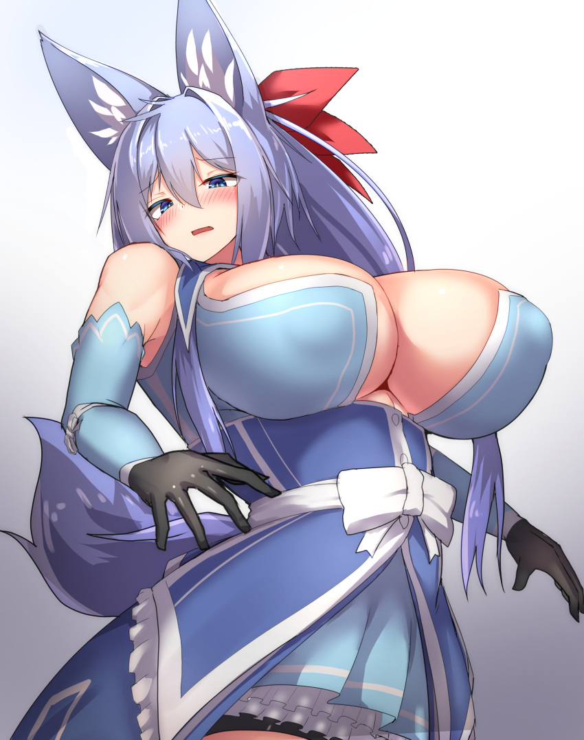 absurdres animal_ears bare_shoulders blue_eyes blue_hair blush breasts cleavage detached_sleeves dress female gloves hair_ribbon highres indigo_(tylwing) large_breasts long_hair magical_girl original ribbon sleeveless solo tail tylwing