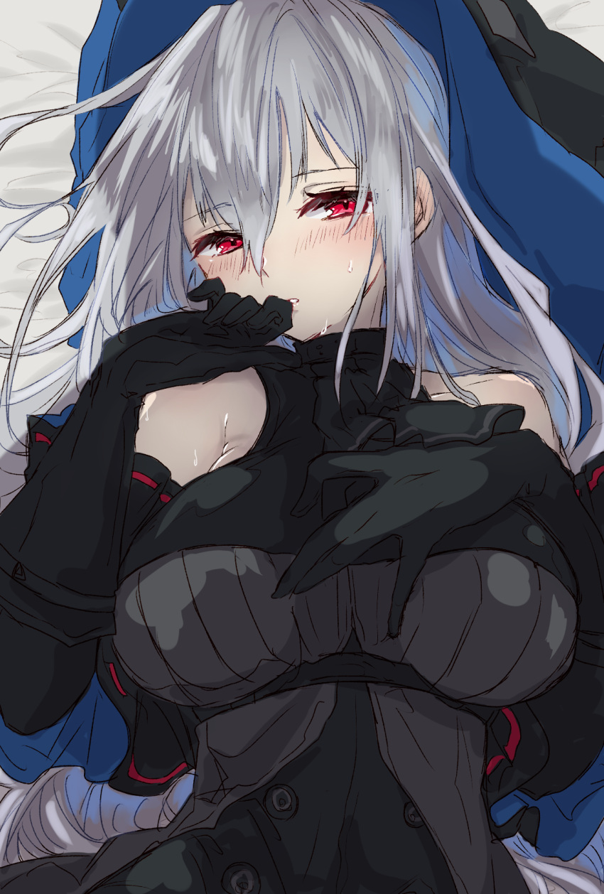 an_fyhx arknights ascot bad_id bad_pixiv_id bed_sheet black_gloves black_hat black_shirt blue_hat blush breasts commentary detached_sleeves female gloves grey_hair hair_between_eyes half-closed_eyes hand_on_own_chest hand_to_own_mouth hat highres large_breasts long_hair looking_at_viewer lying on_back red_eyes shirt skadi_(arknights) skadi_(elite_ii)_(arknights) solo sweat turtleneck two-sided_fabric two-sided_headwear two-tone_headwear upper_body