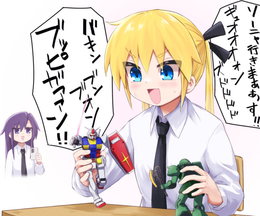 2girls black_necktie black_ribbon blonde_hair blue_eyes blue_hair cellphone collared_shirt desk goshiki_agiri gundam gunpla hair_ribbon highres holding holding_phone kill_me_baby long_hair long_sleeves looking_at_another looking_away mecha mobile_suit_gundam model_kit multiple_girls necktie phone ribbon robot rx-78-2 school_uniform shirt smartphone sonya_(kill_me_baby) speech_bubble translated twintails white_shirt yachima_tana zaku_ii