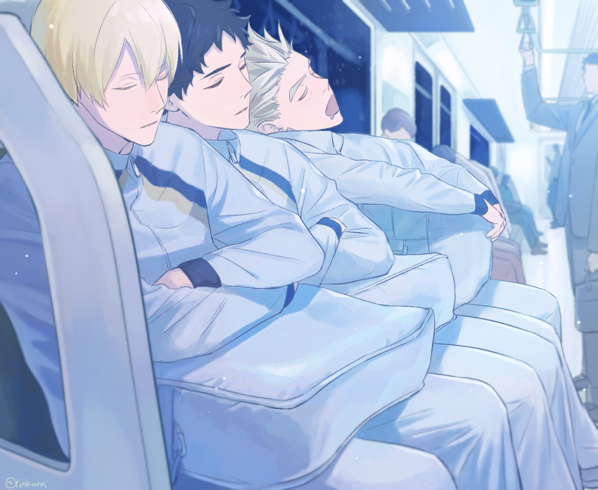 3boys akaashi_keiji bag black_hair blonde_hair bokuto_koutarou closed_eyes closed_mouth commentary_request haikyuu!! jacket konoha_akinori long_sleeves male_focus multiple_boys open_mouth pants pinkurohai sitting sleeping sleeping_on_person sleeping_upright sportswear track_jacket track_pants train_interior twitter_username