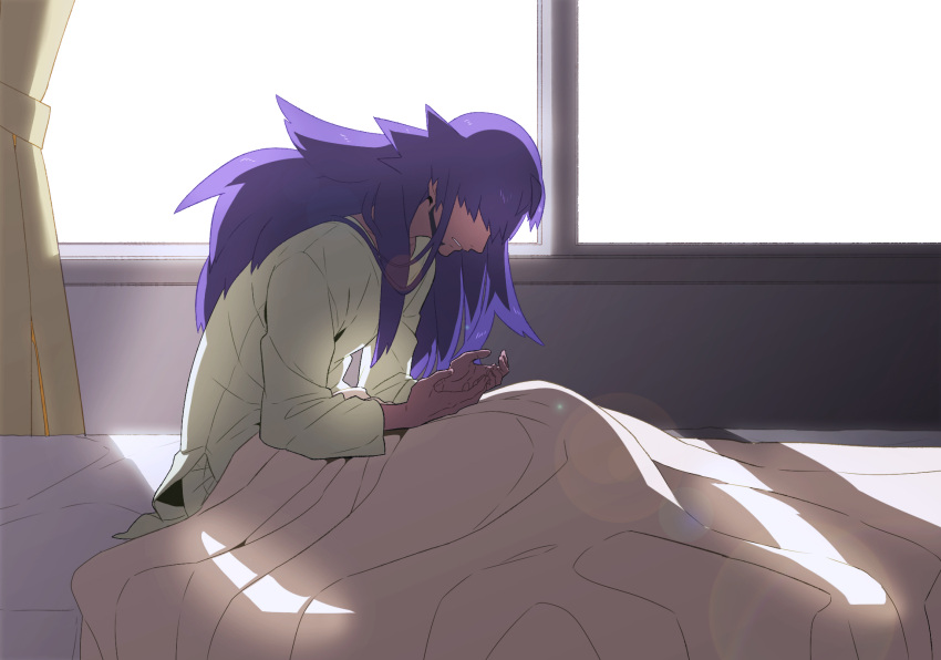 1boy alternate_costume commentary_request curtains dark-skinned_male dark_skin facial_hair head_down highres indoors korean_commentary lens_flare leon_(pokemon) long_hair male_focus pajamas parted_lips pokemon pokemon_swsh purple_hair redlhzz sitting solo under_covers window