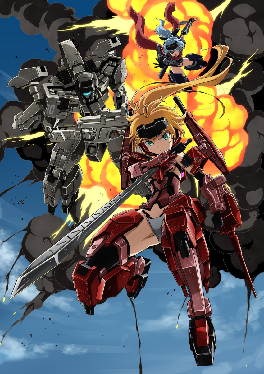 2girls alternate_color black_gloves black_legwear blonde_hair blue_eyes blue_hair commentary_request elbow_gloves explosion eyepatch flying frame_arms_girl gloves glowing green_eyes gun headgear highres holding holding_gun holding_knife holding_sword holding_weapon jinrai_(frame_arms) jinrai_(frame_arms_girl) knife kumichou_(ef65-1118-ef81-95) kunai light_blue_hair long_hair looking_at_viewer mecha mecha_musume multiple_girls panties ponytail red_scarf robot scarf smoke sword thighhighs underwear weapon white_panties wind