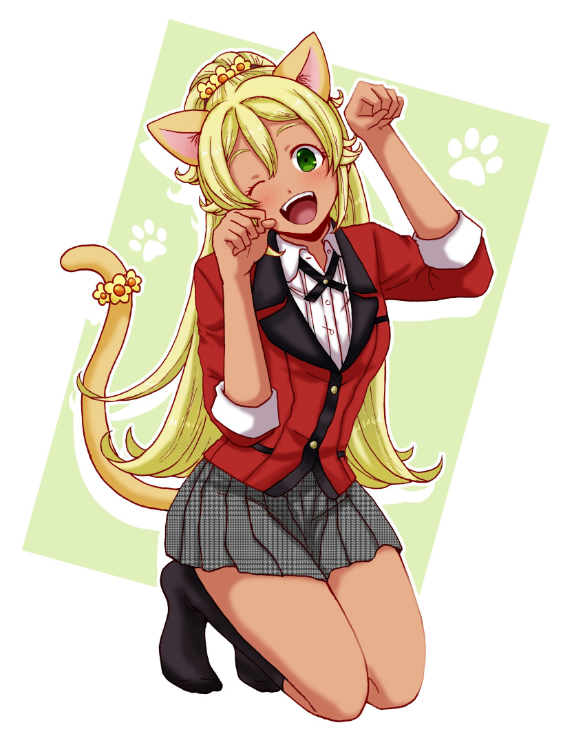 absurdres animal_ears black_socks blazer blonde_hair blush cat_ears cat_tail collared_shirt female green_eyes gyaru highres hyakkaou_academy_school_uniform jacket kakegurui kneeling one_eye_closed open_mouth paw_pose paw_print red_jacket sasaya school_uniform shirt socks solo tail teeth totobami_yumi upper_teeth_only white_shirt