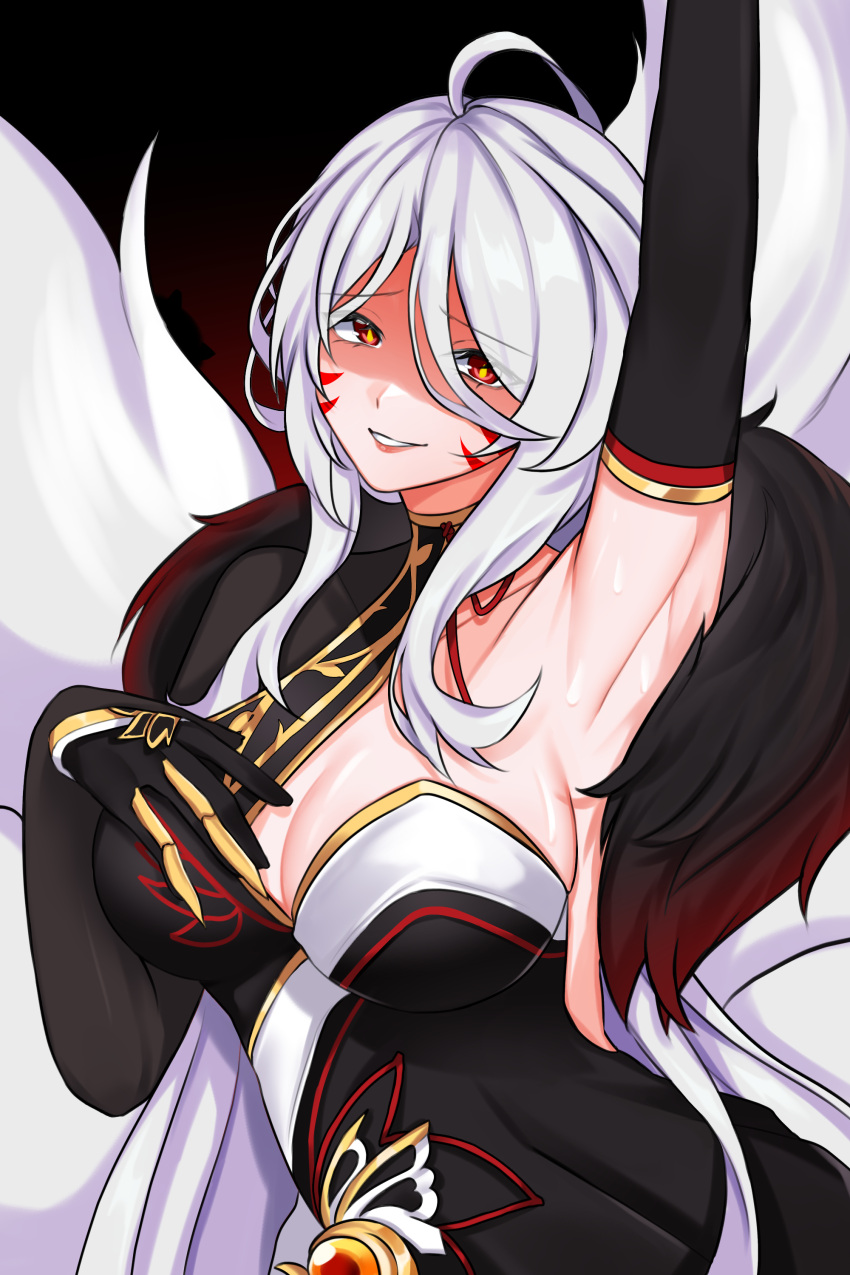 absurdres ahoge ara_haan arm_up armpits black_dress black_gloves breasts cleavage commentary devi_(elsword) dress elbow_gloves elsword eun_(elsword) evil_grin evil_smile facial_mark feather_boa female fox_girl fox_tail gloves grin hand_on_own_chest highres large_breasts lips long_hair looking_at_viewer multiple_tails pink_lips red_eyes shaded_face sindellnwza smile solo sweat tail white_hair