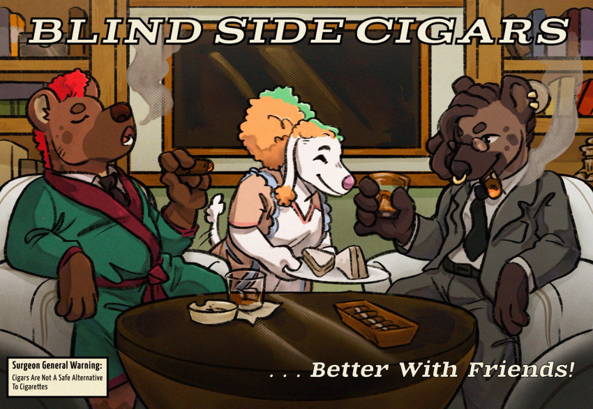 advertisement alcohol anthro apron armchair ashtray bear beverage biped black_outline bookshelf brown_body brown_fur brown_hair canid canine canis chair cigar clothed clothing container cryptidcoyote cup digital_media_(artwork) domestic_dog dreadlocks dress_shirt ear_tuft english_text eyewear facial_piercing female food frohawk fully_clothed fur fur_markings furniture glass glass_container glass_cup glasses green_hair group hair hair_up hi_res highlights_(coloring) holding_object holding_serving_tray holding_tray housewife hybrid hyena juniper_(yeeniebeans) lounge male male/female mammal manna-mint markings mr.hakkai necktie nonbinary_(lore) nose_piercing orange_hair outline piercing pink_nose poodle red_hair sandwich_(food) septum_piercing serving_food serving_tray shirt slightly_chubby slightly_chubby_female smile smoking smoking_jacket split_color_hair spots spotted_body spotted_fur suit table tail tail_motion tail_tuft tailwag text tied_hair topwear trio tuft white_body white_fur wide_hips