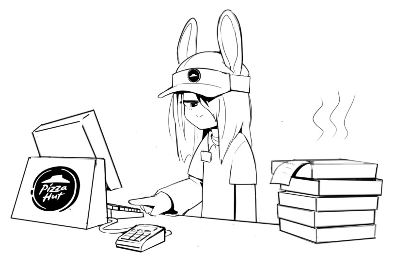 anthro cashier clothing computer container electronics english_text eyelashes hair hair_over_eye hat headgear headwear janis_(twang) keyboard lagomorph leporid looking_aside male mammal monochrome mouthless name_tag one_eye_obstructed paper pizza_box pizza_hut rabbit shirt simple_background solo steam text topwear twang visor_cap white_background