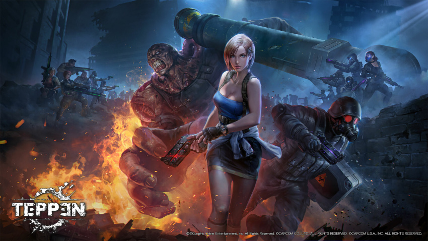 breasts brown_hair caroline_floyd christine_yamata cleavage clothes_around_waist commentary embers english_commentary fire gas_mask gun handgun hector_hivers helmet highres hunk_(resident_evil) jeremy_chong jill_valentine karena_lesproux looking_at_viewer mask michaela_schneider nemesis_(resident_evil) night night_sky official_art parted_lips resident_evil resident_evil:_operation_raccoon_city resident_evil_3:_nemesis resident_evil_3_(remake) rocket_launcher skirt sky strapless suspenders teppen tube_top vector_(resident_evil) vladimir_bodrovski weapon zombie