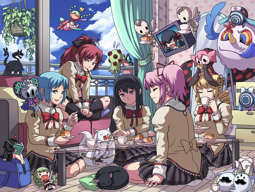 5girls adelbert_(madoka_magica) akemi_homura amy_(madoka_magica) animal anja_(madoka_magica) anthony_(madoka_magica) back_bow bad_id bad_pixiv_id black_bow black_cat black_hair black_hairband black_skirt black_socks blonde_hair blue_eyes blue_hair blue_sky bow bowtie character_doll charlotte_(madoka_magica) chest_of_drawers chibi closed_eyes closed_mouth cloud couch cup curtains daniyyel+jennifer demiano doll drawer drill_hair dual_persona elsa_maria_(madoka_magica) everyone feeding feline food food_in_mouth full-length_mirror gertrud_(madoka_magica) glass_table h.n.elly_(kirsten) hair_ornament hair_ribbon hairband hairbow hanging_plant heart indian_style indoors kaname_madoka kneehighs kyuubee long_hair long_sleeves mahou_shoujo_madoka_magica mahou_shoujo_madoka_magica_(anime) medium_hair miki_sayaka mirror mitakihara_school_uniform mouth_hold multiple_girls no_shoes oerba_yun_fang oktavia_von_seckendorff pantyhose patricia_(madoka_magica) pink_hair pleated_skirt pocky ponytail pudding purple_eyes pyotr_(madoka_magica) red_bow red_bowtie red_hair red_ribbon ribbon sakura_kyoko saucer school_uniform sebastians_(madoka_magica) seiza shizuki_hitomi short_hair sitting sitting_on_head sitting_on_person skirt sky smile socks spoilers sweatdrop table tea_set teacup teapot television thighhighs tomoe_mami twin_drills twintails voodoo_doll window