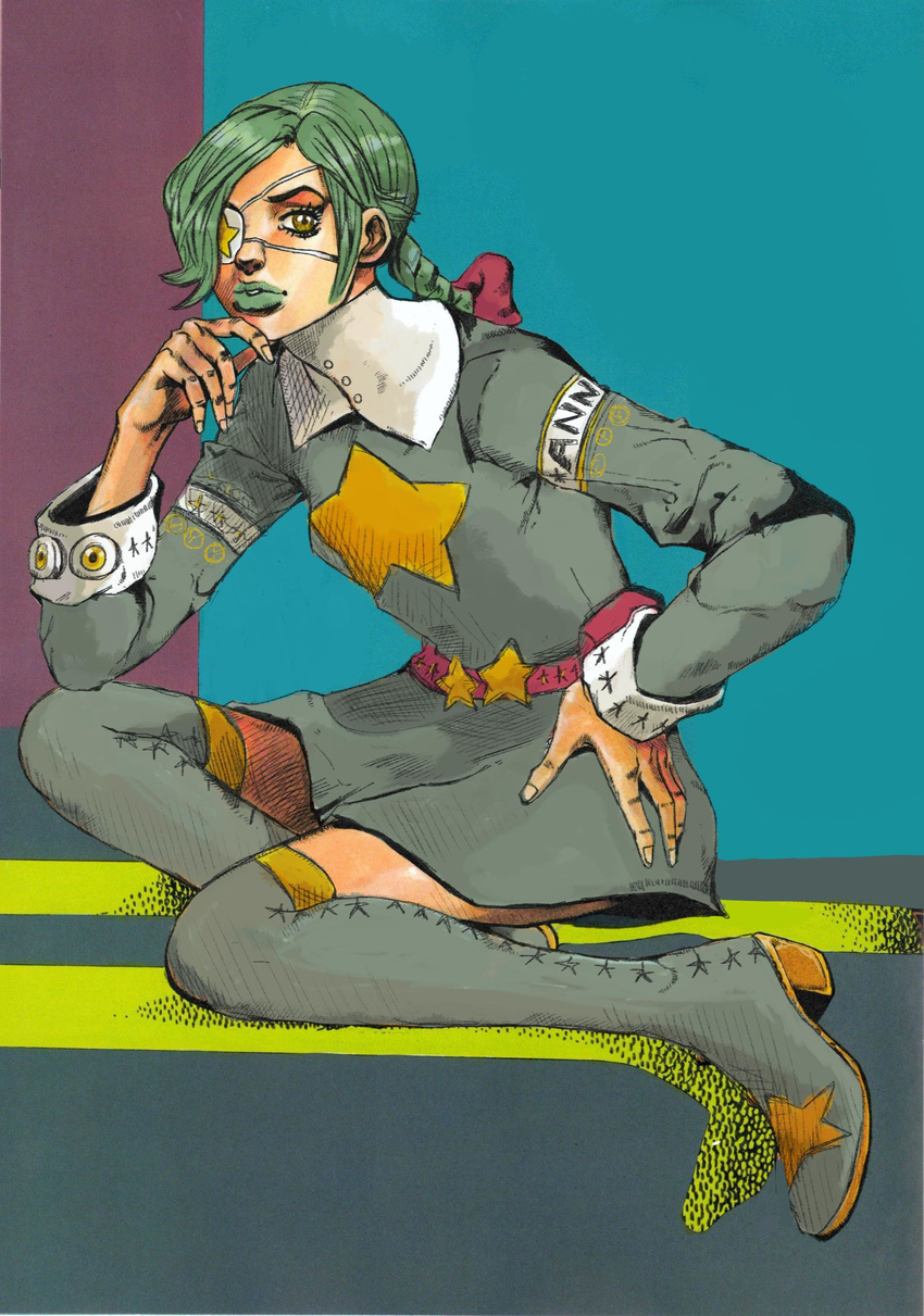 absurdres annie_(cosplay) annie_(skullgirls) annie_of_the_stars araki_hirohiko_(style) armband belt belt_pouch boots braid character_name chin_hold chin_rest derivative_work dress english eyelashes eyepatch female gats_(nougats) green_hair green_lipstick hair_over_one_eye hand_on_hip highres jojo_no_kimyou_na_bouken lips lipstick makeup nougats parody reverge_labs sagan_(skullgirls) sitting skullgirls star style_parody thigh_boots thighhighs twin_braids yellow_eyes zettai_ryouiki