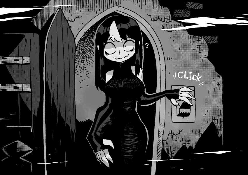 ? absurdres bags_under_eyes bare_shoulders breasts closed_mouth count_orlok dark dress female greyscale highres large_breasts light_switch long_dress long_hair looking_at_viewer monochrome multicolored_hair nosferatu_eine_symphonie_des_grauens noss_(rariatto) open_door original parody rariatto_(ganguri) redrawn sanpaku smile solo spongebob_squarepants_(series) streaked_hair wavy_mouth