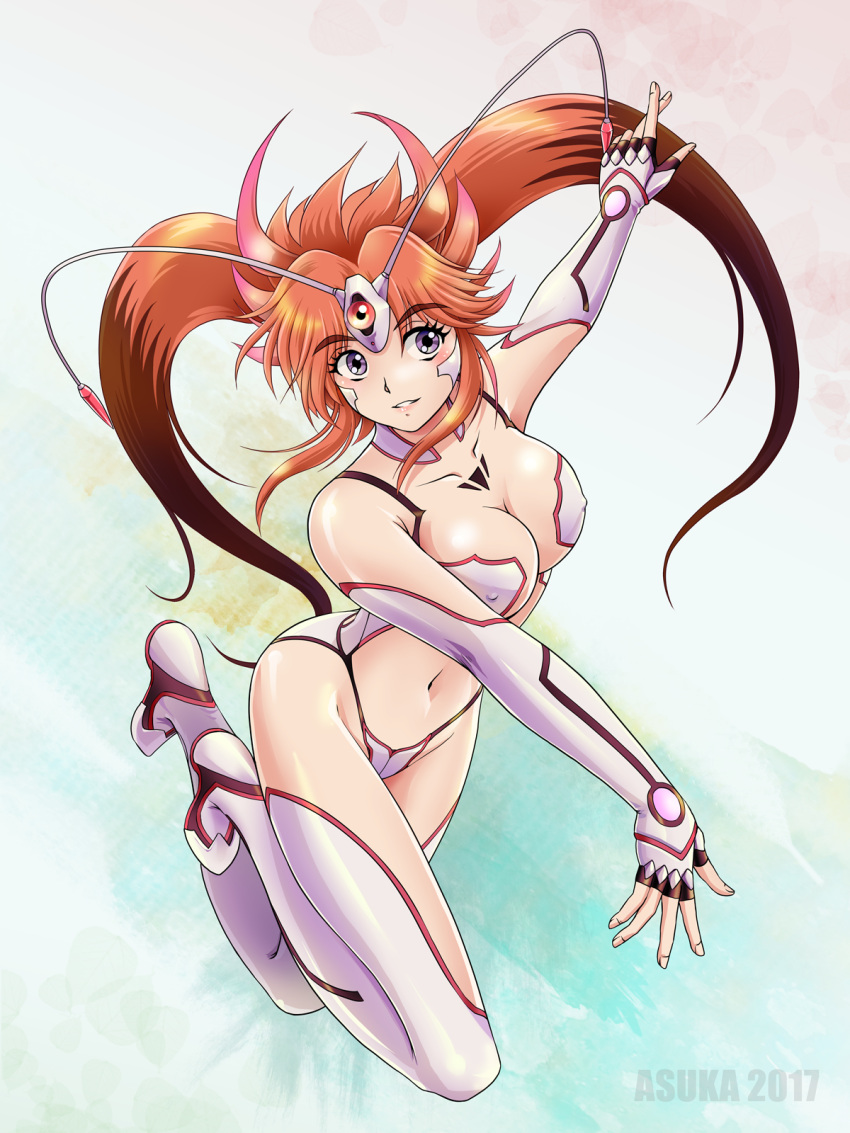 2017 asuka_(hengen_sennin_asuka) boots breasts brown_hair character_name cleavage collarbone commentary_request covered_nipples elbow_gloves female fingerless_gloves full_body gloves grey_eyes hengen_sennin_asuka highres long_hair medium_breasts parted_lips partial_commentary revealing_clothes shiny shiny_skin sidelocks smile solo tamanegiinyo thigh_boots thighhighs twintails white_footwear white_gloves white_legwear