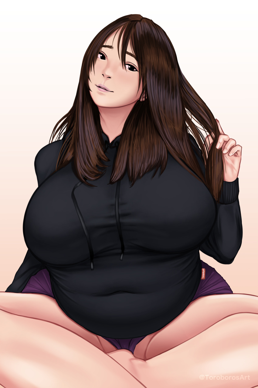 absurdres arm_support artist_name bad_id bad_pixiv_id bare_legs belly black_sweater breasts breasts_apart brown_hair covered_navel crossed_legs female gradient_background hair_between_eyes head_tilt highres huge_breasts long_hair long_sleeves looking_at_viewer navel original panties plump purple_panties ruffling_hair sitting solo sweater tag taut_clothes toroboro underwear watermark