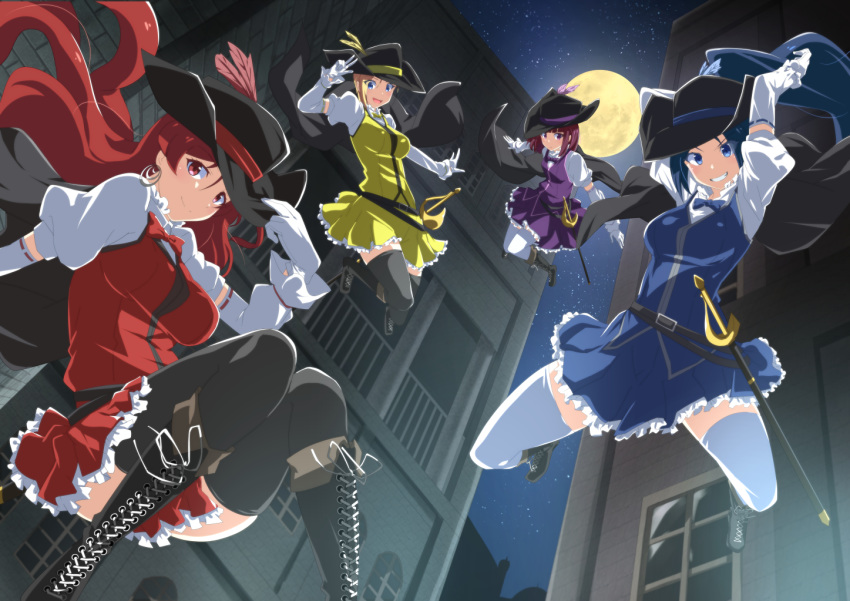 black_legwear blonde_hair blue_eyes blue_hair blue_skirt boots commentary_request cross-laced_footwear earrings falling hat higashiyama_akisa jewelry knee_boots lace-up_boots looking_at_viewer magicami moon moroheiya_(moroheiya-works) night night_sky ohtori_aka ohtori_ao purple_eyes purple_hair purple_skirt red_eyes red_hair red_skirt skirt sky sword thighhighs v weapon white_legwear window yellow_skirt yukifune_eriza