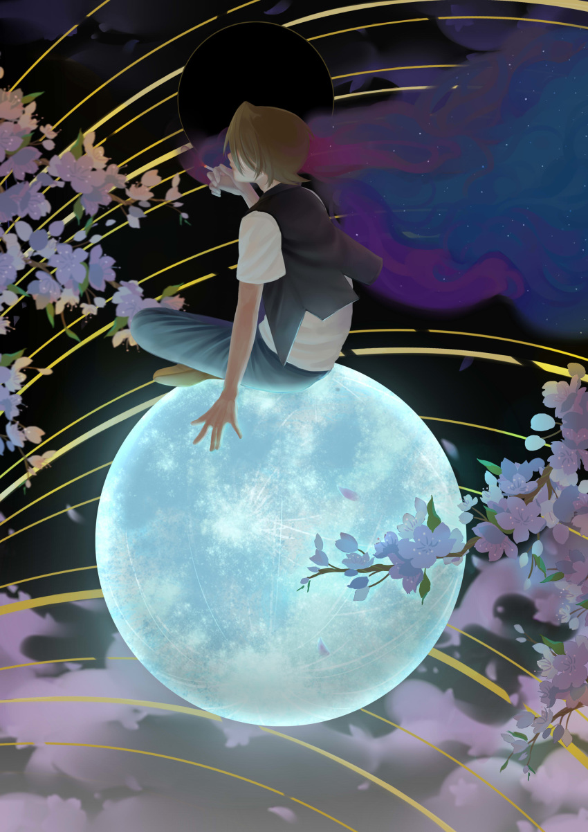 1boy absurdres back black_vest blonde_hair blue_pants cherry_blossoms cigarette commentary_request flower full_body full_moon highres holding holding_cigarette male_focus moon night night_sky on_mini_planet on_moon pants pink_flower shimogamo_yasaburou shirt short_hair short_sleeves sitting sky smoke smoking solo sougentatata star_(sky) uchouten_kazoku vest white_shirt