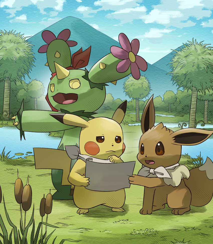 blue_sky clothed_pokemon cloud eevee grass hand_on_own_chin highres holding holding_paper maractus mountainous_horizon open_mouth outdoors paper pikachu plant_monster pokemon pokemon_(creature) pokemon_mystery_dungeon sky tree water yamaori_(hakkentai_pokedan)