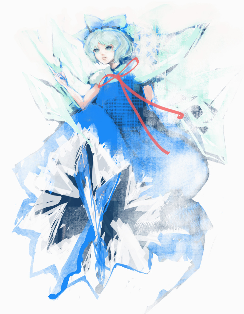 blue_hair bow cirno commentary_request female hairbow highres photoshop_(medium) pointing solo touhou uhi wings