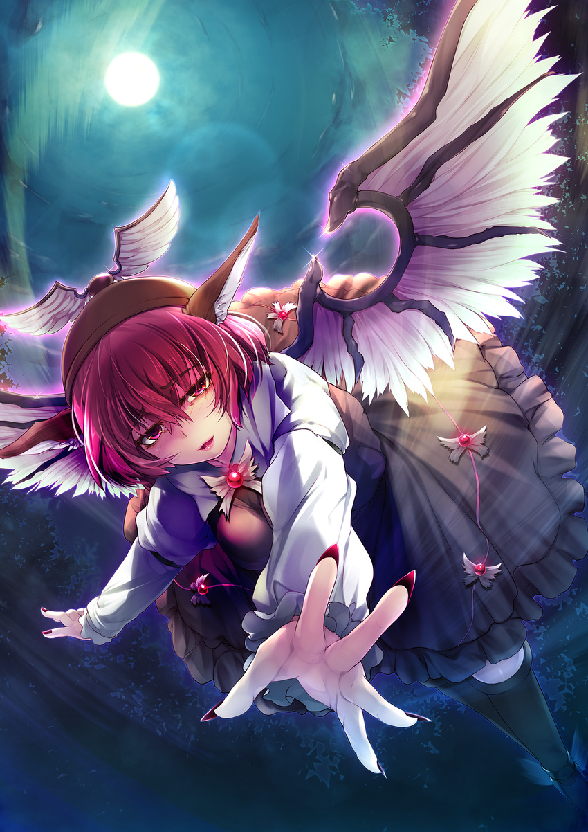 animal_ears brown_dress claws commentary_request dress female fingernails full_moon hat highres kanno_kengo lips long_fingernails long_sleeves looking_at_viewer moon moonlight mystia_lorelei nail_polish night open_mouth outstretched_hand parted_lips petticoat pink_eyes pink_hair pov solo touhou winged_hat wings