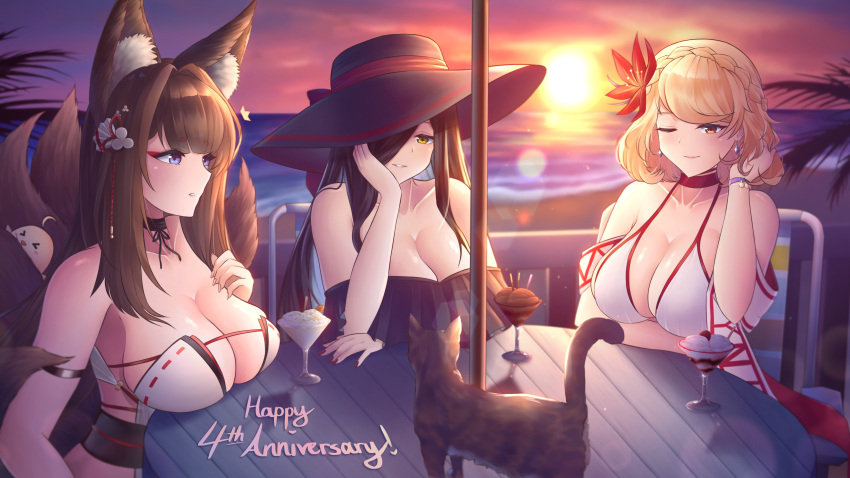 3girls absurdres alternate_costume amagi_(azur_lane) amagi_(wending_waters_serene_lotus)_(azur_lane) animal_ear_fluff animal_ears anniversary azur_lane beach bikini bracelet braid breasts chair cleavage cocktail_glass crown_braid cup drinking_glass earrings english_commentary english_text feline flower fox_ears fox_girl fox_tail friedrich_der_grosse_(azur_lane) hair_flower hair_ornament hair_over_one_eye hat highres jewelry large_breasts manjuu_(azur_lane) multiple_girls multiple_tails official_alternate_costume one_eye_closed prince_of_wales_(azur_lane) prince_of_wales_(sun_shining_upon_windsor)_(azur_lane) pumpkinpaii shawl sitting strapless strapless_bikini sun_hat sunset swimsuit table tail upper_body