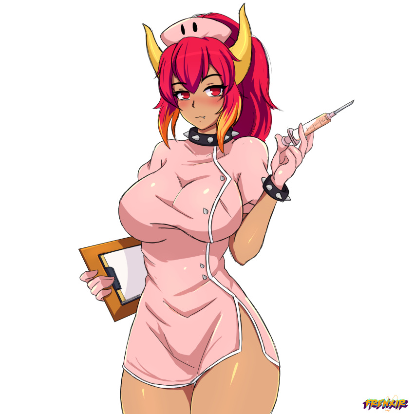 alternate_color alternate_costume alternate_hair_color bowsette bracelet clipboard collar commentary_request dark-skinned_female dark_skin female frenxir hair_between_eyes hat highres horns jewelry long_hair mario_(series) new_super_mario_bros._u_deluxe nurse nurse_cap red_eyes red_hair solo spiked_bracelet spiked_collar spikes syringe white_background