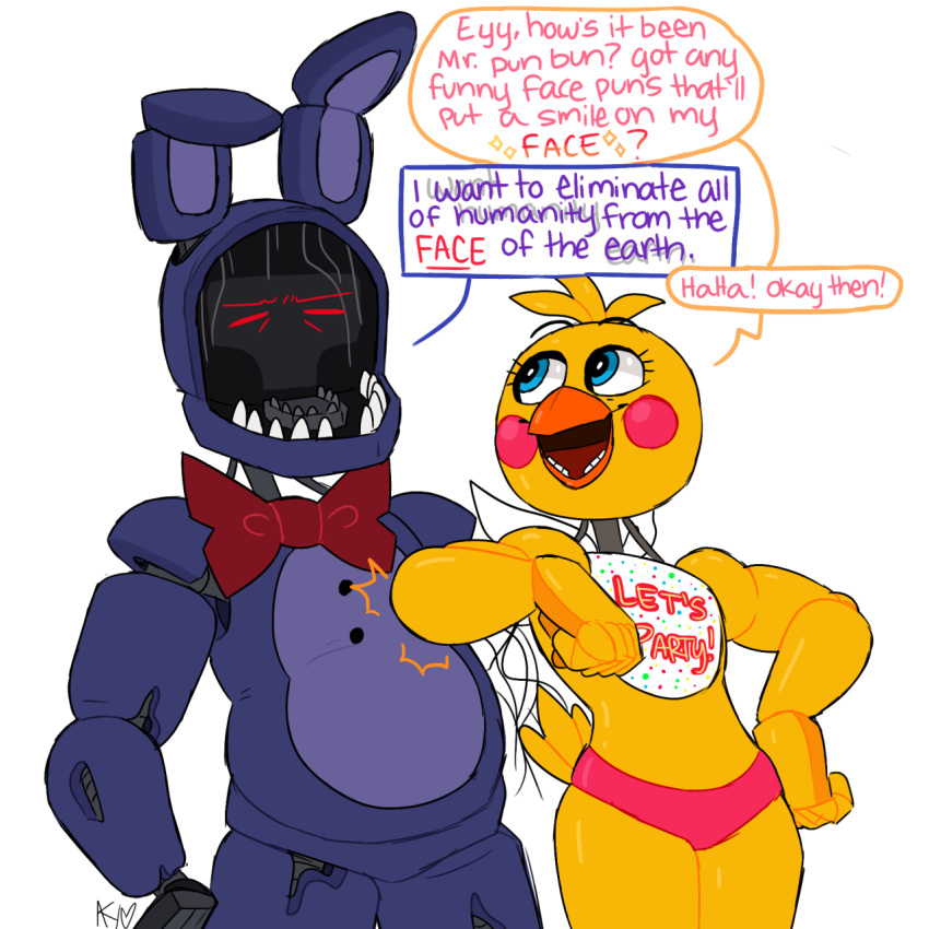 2020 animatronic anthro avian beak bib bird blue_eyes chicken closed_eyes clothing duo english_text feathers female five_nights_at_freddy's five_nights_at_freddy's_2 galliform gallus_(genus) hi_res lagomorph leporid long_ears machine mammal open_mouth panties phasianid pink_cheeks rabbit red_eyes ribbons robot simple_background snazzamazing tail_feathers teeth text toy_chica_(fnaf) underwear video_games white_background withered_bonnie_(fnaf) yellow_body