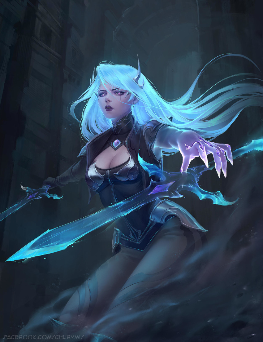 alternate_color alternate_costume asymmetrical_bangs asymmetrical_gloves bangs black_gloves black_lipstick blue_hair building chuby_mi cleavage_cutout closed_mouth collar death_sworn_katarina earrings female gloves glowing glowing_hair highres holding holding_sword holding_weapon horns jewelry katarina_du_couteau league_of_legends lipstick long_hair looking_at_viewer makeup pants realistic scar scar_across_eye short_sleeves single_glove solo standing sword weapon