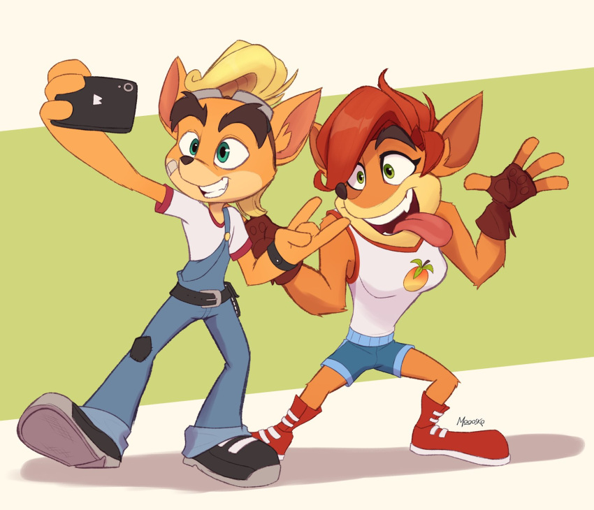 2021 4_fingers activision anthro bandicoot bottomwear breasts brother_(lore) brother_and_sister_(lore) cellphone clothed clothing coco_bandicoot crash_(series) crash_bandicoot devil_horns_(gesture) duo electronics eyebrows female fingerless_gloves fingers footwear ftm_crossgender gesture gloves hair hand_gesture handwear hi_res holding_cellphone holding_object holding_phone magaska19 male mammal marsupial mtf_crossgender open_mouth open_smile phone pose rule_63 selfie shirt shorts sibling_(lore) signature simple_background sister_(lore) smile standing t-shirt thick_eyebrows tongue tongue_out topwear