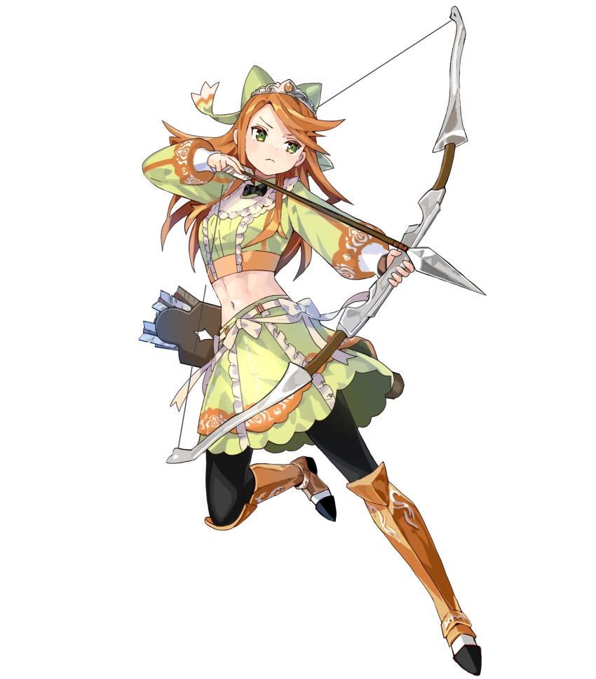 abs aiming arrow_(projectile) boots bow bow_(weapon) closed_mouth crop_top etie_(fire_emblem) female fire_emblem fire_emblem_engage fire_emblem_heroes full_body green_eyes hair_ornament hairbow highres holding holding_arrow holding_bow_(weapon) holding_weapon jewelry knee_boots leg_up long_hair long_sleeves looking_away midriff navel non-web_source official_art orange_hair pantyhose quiver ribbon skirt solo stomach tiara tobi_(kotetsu) transparent_background weapon