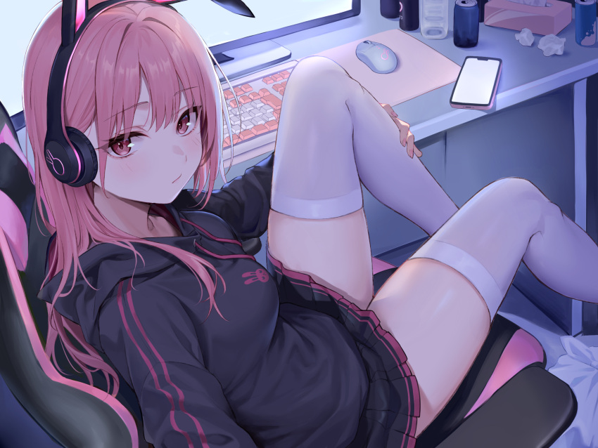 animal_ears black_hoodie black_skirt breasts bunny_headphones can cellphone chair computer_keyboard computer_mouse desk drink_can fake_animal_ears female fingernails from_above gaming_chair hand_on_own_leg headphones highres hood hoodie light_blush long_hair long_sleeves looking_at_viewer medium_bangs medium_breasts miniskirt monitor nagiha_kuten original phone pink_hair red_eyes sitting skirt smartphone solo swivel_chair thighhighs tissue_box used_tissue white_thighhighs