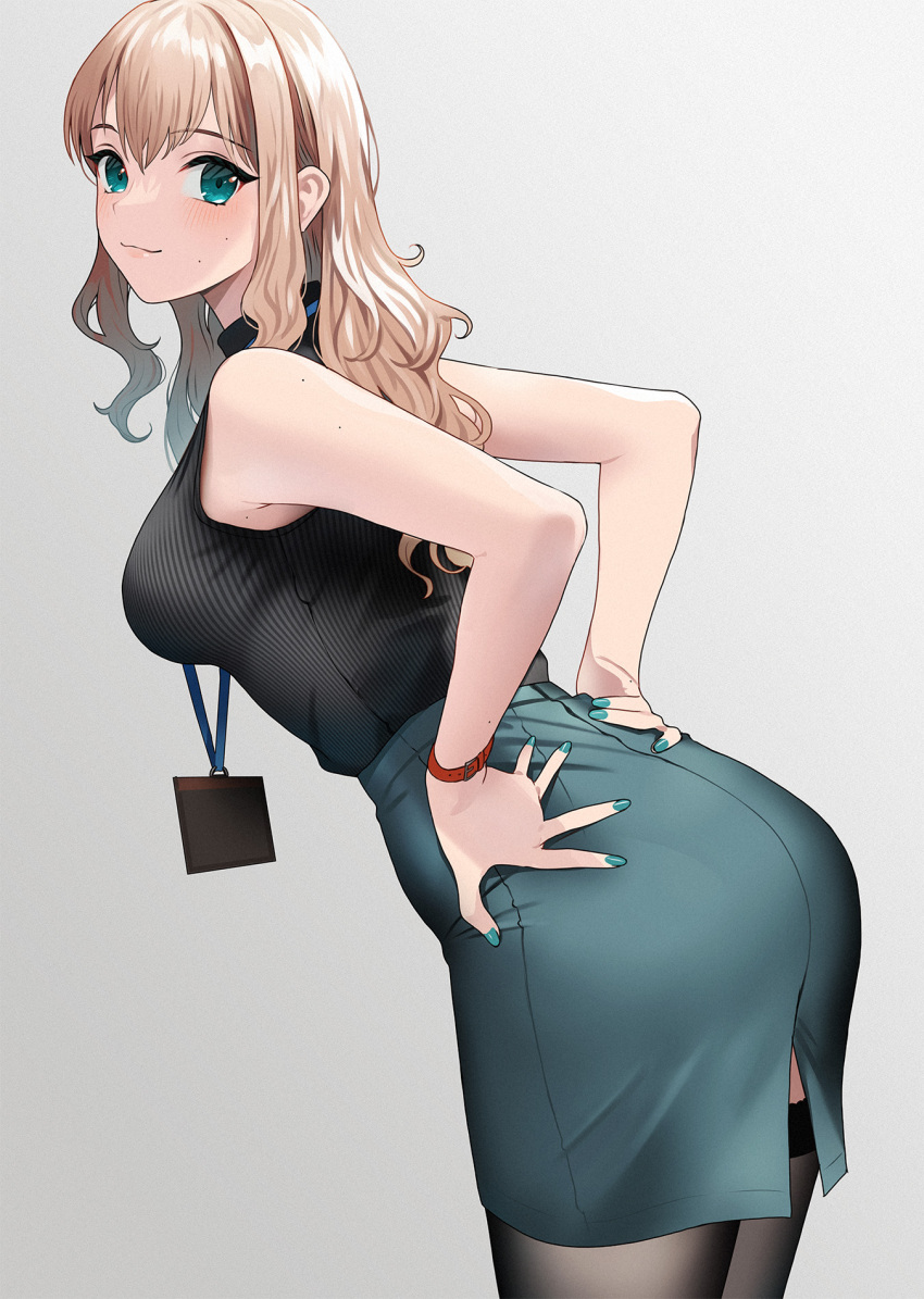 black_shirt black_thighhighs blonde_hair blush breasts closed_mouth commentary_request cowboy_shot doushimasho female fingernails from_side green_eyes green_nails green_skirt grey_background hands_on_own_hips high-waist_skirt highres id_card lanyard large_breasts leaning_forward long_fingernails long_hair looking_at_viewer mole mole_on_arm mole_on_armpit mole_on_cheek multiple_moles nail_polish office_lady original pencil_skirt ribbed_shirt shirt shirt_tucked_in simple_background skirt sleeveless sleeveless_shirt smile solo standing thighhighs turtleneck turtleneck_shirt watch wristwatch