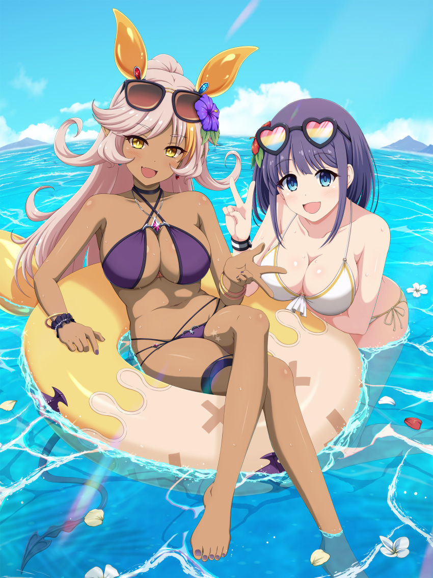 2girls absurdres ascot barefoot bikini blue_eyes blue_sky bracelet breasts cleavage cloud criss-cross_halter crossed_legs dark-skinned_female dark_skin eyewear_on_head feet flower flower_on_head gem grey_hair hair_flower hair_ornament halterneck heart heart-shaped_eyewear heart_tail hibiscus highres ishida_seito jewelry large_breasts long_hair medium_hair misora_(princess_connect!) misora_(summer)_(princess_connect!) mountainous_horizon multicolor-tinted_eyewear multicolored_hair multiple_girls navel nea_(princess_connect!) nea_(summer)_(princess_connect!) ocean open_mouth orange_hair partially_submerged ponytail princess_connect! purple_bikini purple_flower purple_hair rainbow-tinted_eyewear red-tinted_eyewear red_flower red_gemstone side-tie_bikini_bottom sky smile streaked_hair sunglasses swim_ring swimsuit tail tinted_eyewear v white_ascot white_bikini wristband yellow_eyes