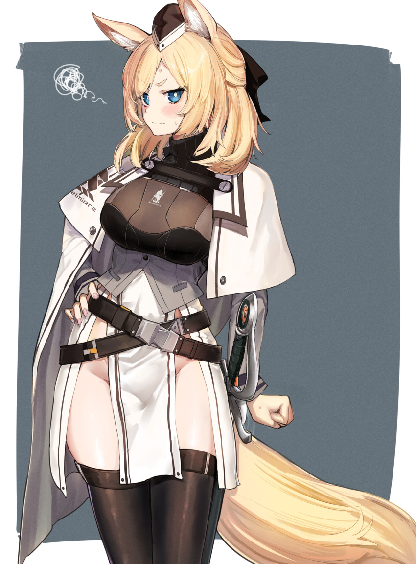 animal_ears arknights black_thighhighs blonde_hair blue_eyes blush bottomless breasts bright_pupils cape clenched_hand embarrassed female hand_on_own_hip hat highres horse_ears horse_tail large_breasts long_hair no_panties pelvic_curtain poco_(backboa) squiggle sword tail thighhighs weapon whislash_(arknights) white_pupils