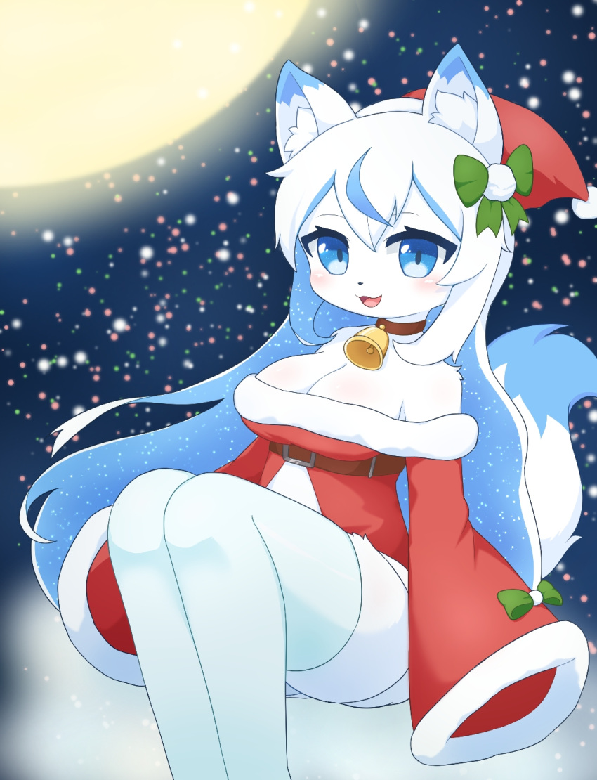 2023 :3 anthro bell bell_collar big_eyes black_nose blue_body blue_eyes blue_fur blue_hair blue_highlights blush breasts canid canine cel_shading christmas christmas_clothing christmas_headwear cleavage clothed clothing collar costume digital_media_(artwork) dipstick_ears dipstick_tail dress ear_markings eyebrow_through_hair eyebrows eyelashes female fox fur hair happy hat headgear headwear hi_res highlights_(coloring) holidays inner_ear_fluff kemono long_hair looking_at_viewer mammal markings medium_breasts multicolored_body multicolored_ears multicolored_fur multicolored_hair night open_:3 open_mouth open_smile outside pink_tongue portrait red_clothing red_dress santa_costume santa_hat shaded shirom sitting smile solo tail tail_markings three-quarter_portrait three-quarter_view tongue translucent translucent_hair tuft two_tone_body two_tone_fur two_tone_hair white_body white_fur white_hair