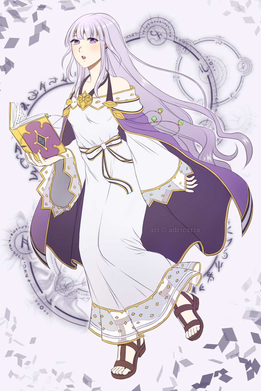 absurdres adricarra bare_shoulders book circlet dress female fire_emblem fire_emblem:_genealogy_of_the_holy_war full_body highres holding holding_book julia_(fire_emblem) long_hair open_mouth purple_eyes purple_hair sandals sash solo wide_sleeves